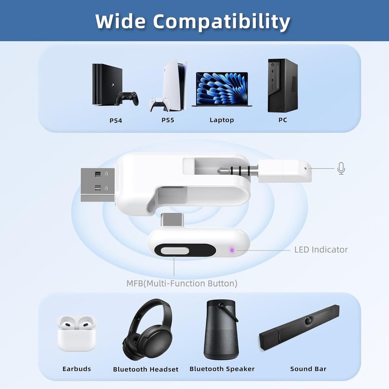 YOCOWOCO USB-C Bluetooth Adapter for PS5, 2-in-1 USB-A Bluetooth Audio Adapter for PS4 with aptX-Adaptive & Low Latency, Wireless Audio Transmitter to Connect Bluetooth Headphones & Earbuds - Image 4